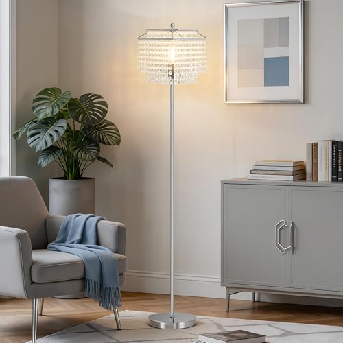 Image of GyroVu Crystal Floor lamp,Modern Standing Lamp with On-Off Foot Switch,Tall Pole Floor Lamp with Double-Layer Lampshade for Living Room Bedroom Office(Bulb Included)