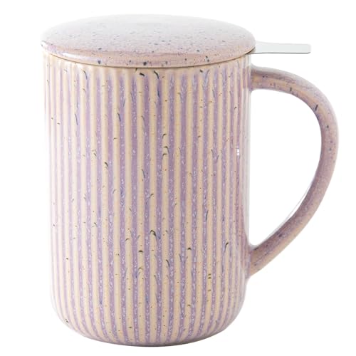 Yundu 15.5oz/470ml Flambe Purple Ceramics Teacups with Infuser and Lid, Loose Leaf Tea Cup