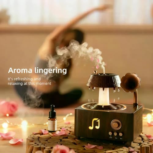 Image of KIMEE Retro Gramophone Rain Humidifier Aroma Diffuser Cool Mist White Noise LED Night Light Vinyl Record Design for Bedroom Home Office