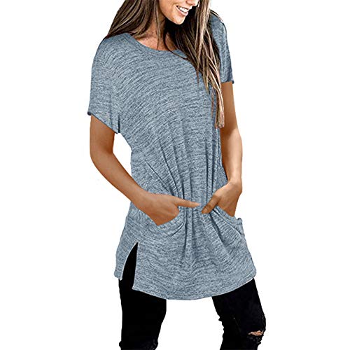 QANSI Tunic Tops for Leggings for Women Summer Soft Shirts Casual Short Sleeve Solid Color Crewneck Side Split Loose Fitting Tees Light Blue M