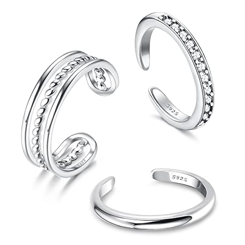 YADOCA 3 Pezzi 925 Anelli in Argento Sterling per Le Donne Anallergico Regolabile Open Toe Anello Cubic Zirconia Anelli Anelli per Punta Set Minimalista Gioielli per Piedi da Spiaggia