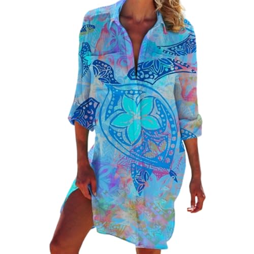 FANSU Robe Chemise de Plage Femme Ete Mi Longue, Cache-Maillot de Bain pour Femme Robe Chemise Grande Taille à Boutons pour Vêtement de Plage Été, Piscine (Tortue Vintage,Grand)