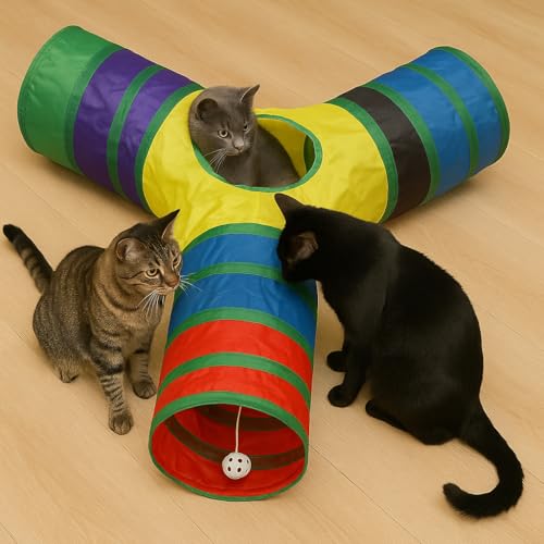 Túnel Interativo para Gatos em Y com 3 Entradas, Dobrável e com Bolinha – Estimula o Instinto e Redu