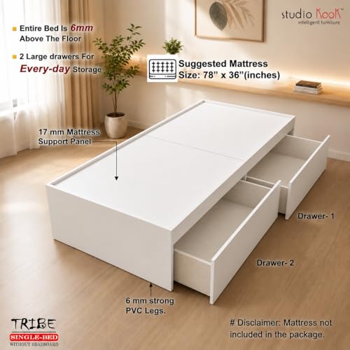 Image of Studio Kook Tribe Engineered Wood Single Bed with Drawers (Finish Color - Moonshine White, Matte Finish)