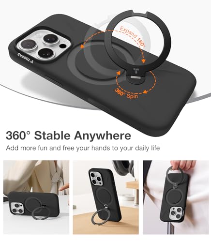 Image of TORRAS Liquid Silicone for iPhone 16 Pro Case with 360 Spin Magnetic Ring Stand with Camera Control, Fit for MagSafe, OStand Q3 Silicone Non-Slip Protective Case for iPhone 16 Pro, Obsidian Black