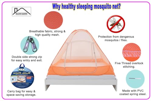 Image of Healthy Sleeping Mosquito Net | Double Bed | Supreme King Size Bed | Foldable Machardani with 2 Side Zipper Opening | Strong 30GSM Polyester Net | PVC Coated Steel Wire (Orange)