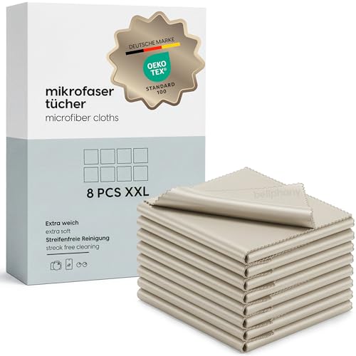 Bellphany XXL 8er Set Premium Brillenputztücher Mikrofaser - 30 x 30 cm Mikrofasertücher Brillenputztuch in Optikerqualität (Beige)
