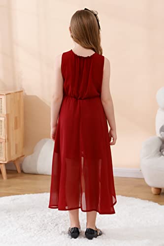 Gorlya Girls Sleeveless Ruffle Neck Hi-Lo Hem Overlay Formal Occasin Chiffon Long Party Dress 4-14T(Gor1154,12Y,Wine Red) #TOP1