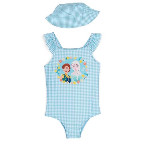 Disney Frozen Toddler Girls Square Neck One Piece Bathing Suit and Bucket Sun Hat UPF 50+ Swim Set Gingham Aqua Blue 4T