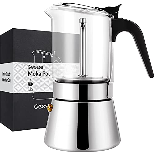 moka pot stella - GEESTA Premium Crystal Glass-Top Stovetop Espresso Moka Pot - 4 / 6/ 9 Cups Stainless Steel Coffee Maker- 360ml/12.7oz/9 cup (espresso cup=40ml) Gift for man women