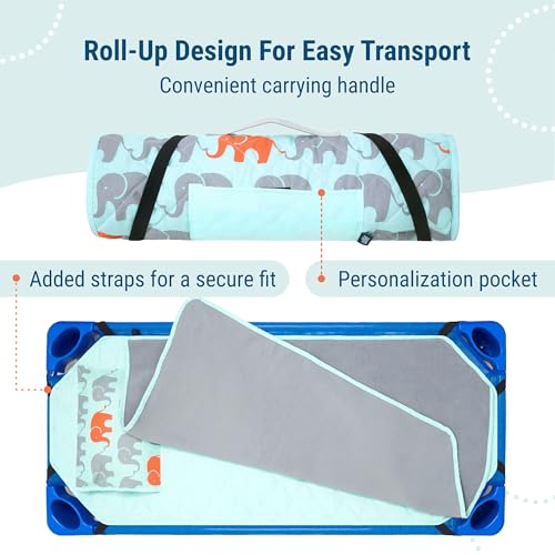 Image of Wildkin Modern Kids Nap Mat with Pillow for Boys & Girls - Cotton Blend, Elastic Straps, Toddler Sleep Mat for Daycare, Preschool, Kindergarten & Travel, Ages 3-7, Machine Washable - Elephants