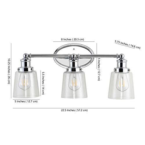 Image of JONATHAN Y 22.5 inch Chrome 3-Light LED Vanity Light, Farmhouse Wall Sconce for Bathroom Mirror, Clear Seeded Glass Shade, Rustic Iron Fixture for Kitchen Hallway, LED Bulb Included (JYL7532A)