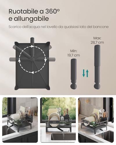 Songmics Scolapiatti, Portapiatti Da Cucina, Beccuccio Estensibile E Girevole A 360°, Raccogligocce, Con Portaposate, 31 X 42 X 18,5 Cm, Grigio Antracite KCS550GT01 - 5