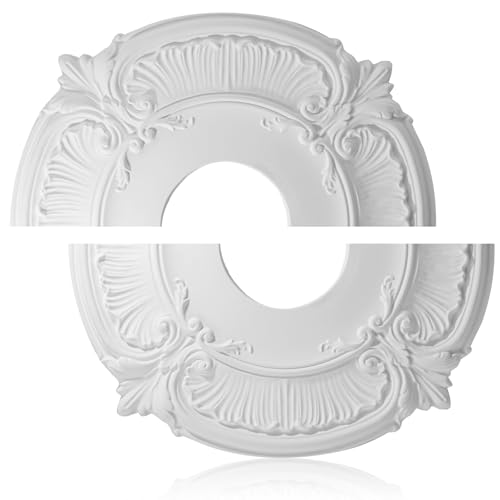 Image of Uenhoy Split Lighting Ceiling Medallions for Light Fixtures and Ceiling Fans, 11.6 inch OD x 3.5 inch ID Vintage Ceiling Cover Plate, PU Ceiling Fan Medallion, White