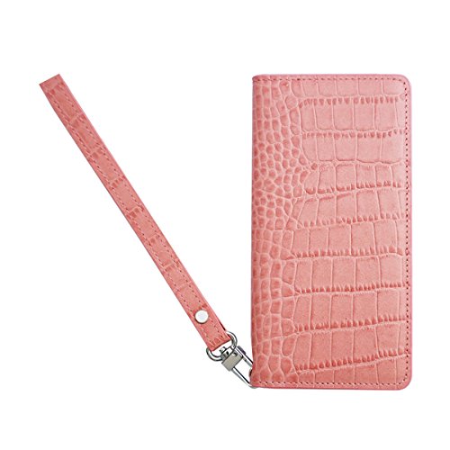 本革 手帳型 スマホケース iPhone 15 Pro 互換性 対応ケース クロコダイル クロコ型押し カード入れ マグネット不使用 ストラップ (ピンク)