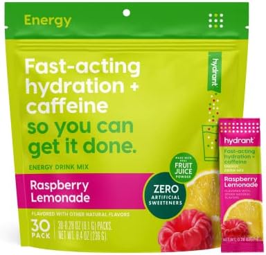 Hydrant ENERGY 30 Stick Pack, Caffeine & L-Theanine Rapid Hydration Mix, Electrolyte Hydration Powder Packets with Zinc (Raspberry Lemonade, 30 Count)