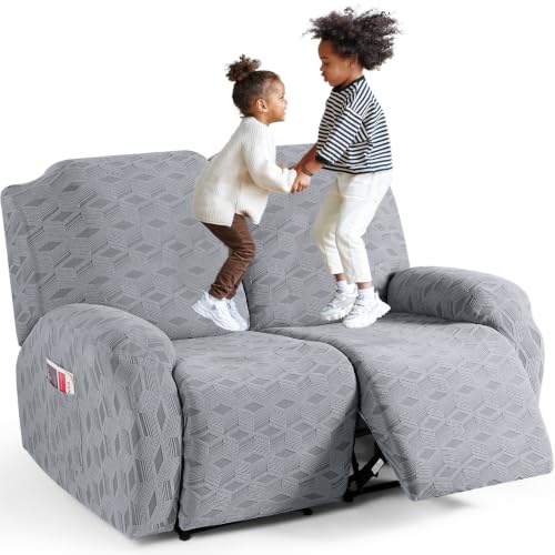 TAOCOCO Recliner Loveseat Cover Oversized, Stretch Jacquard Reclining Loveseat Cover for 2 Seat Extra Large Sofas Recliner Covers with Elastic Bottom for Kids, Pets (Light Grey)