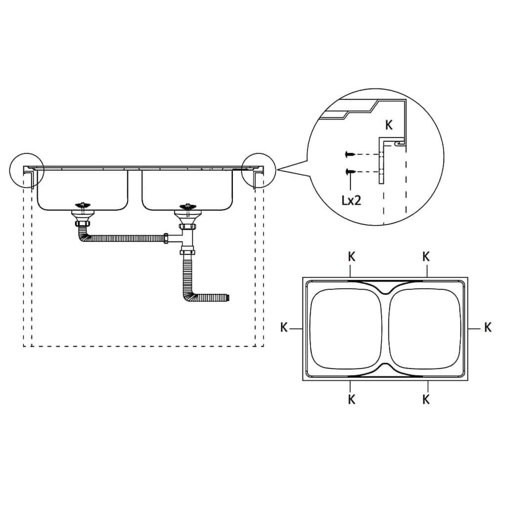 vidaXL Fregadero de Cocina Doble Seno, Pila Encima de Armario, Pileta de Cocina Superior, Lavabo Decorativo para Hogar, Acero Inoxidable
