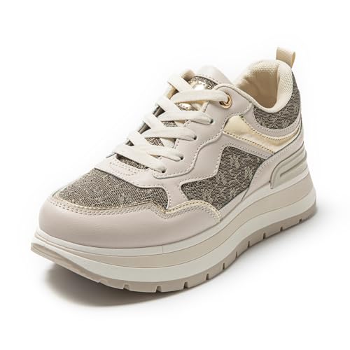JOMIX Damen Sneaker rutschfeste Sportschuhe Freizeitschuhe Leicht Joggingschuhe Bequeme Leder Walkingschuhe Laufschuhe (WSC255015, Beige, 38 EU)