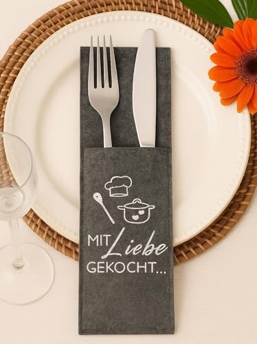 Geschenkestadl 12 Stück Bestecktaschen mit Liebe gekocht 22cm grau Filz Tischdekoration Besteckhalter Deko