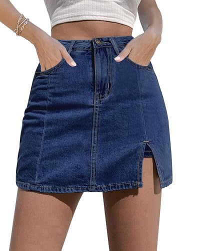 luvamia High Waisted Jean Skorts for Women Denim Mini Skirt Side Slit with High Wasited Jean Shorts for Womens Stretchy Denim Shorts Darkness Blue Size Large Size 12-14