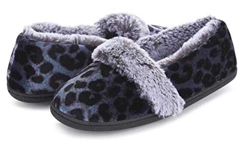 Floopi Slippers For Women Plush Velour Cozy Memory Foam House Shoes With Warm Faux Fur Lining, Ladies Closed Back Slippers With Rubber Sole (Xl, Black/Leopard-365) #TOP10