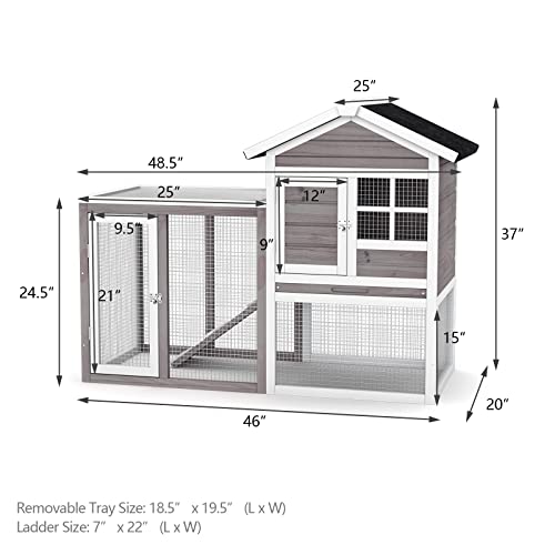 PETSITE Rabbit Hutch, 48.5\" Wooden Chicken Coop with Roof & Tray, Bunny Cage Indoor Outdoor, Guinea Pig Pet House for Small Animals, Grey