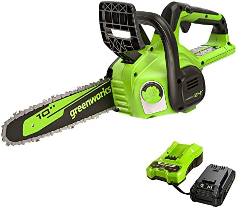 Greenworks 24V 10" Cordless Compact Chainsaw (Great For Storm Clean-Up, Pruning, and Camping), 2.0Ah Battery and Charger Included