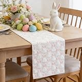 Easter Table Runner White Soft Plush Faux Fur Jacquard Pink Ear Bunny Kitchen Dining Table Decoration for Farmhouse Home Party Decor (White Pink, 13' x 72')