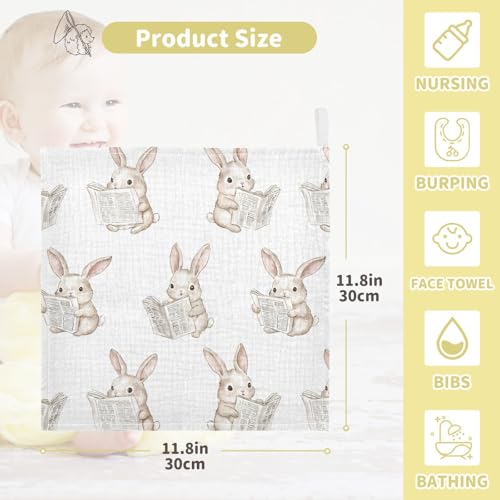 Image of vvfelixl Bunny Reading Newspapers Baby Burp Cloths Baby Muslin Washcloths for Boys Girls Cotton Babys Face Towel for Newborn Infants Soft and Absorbent 11.8 X 11.8 in, 5 Pack