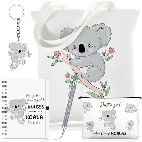 Hestya 5 Pcs Gift Set for Women Include Tote Bag Canvas Cosmetic Bag Coil Notebook Keychain and Ballpoint Pen for Women Girls(Koala Grey)