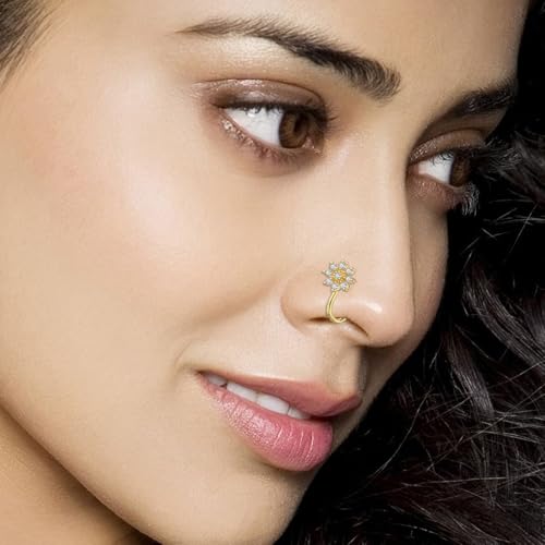 Niaspi 2Pcs CZ Flower Fake Nose Rings Stainless Steel Non Piercing Nose Rings Adjustable Clip On Nose Cuff Gold/Silver Floral Fake Nose Jewelry (Gold) by Niaspi - Image 2
