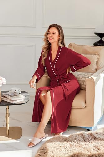 Image of Ekouaer Robes for Women Lightweight Knit Waffle Bathrobe Full Length Kimono Casual Ladies Loungewear
