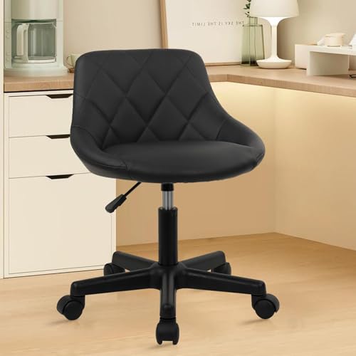KLASIKA Low Back Rolling Stool PU Leather Vanity Stools, Adjustable Height Ergonomic Swivel Rolling Desk Stool Work Office Swivel Chair, Makeup Salon Spa Stools, Black, 1 Pack