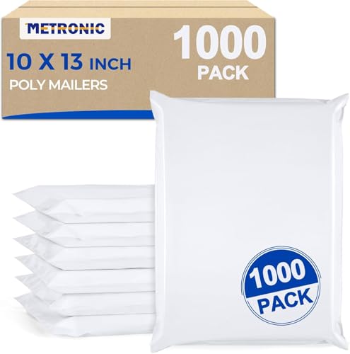 Image of Metronic Poly Mailers 10X13 1000 Pack, Bulk Shipping Bags Heavy Duty Self Seal Waterproof Tear Weather Resistant Medium Mailing Envelopes, Packaging bags for Small Business, Boutique, Clothing, White