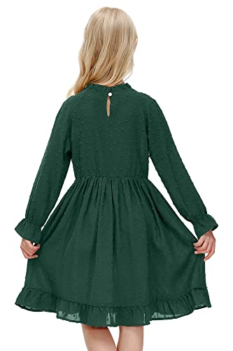 Besserbay Big Girls Vintage Swiss Dot Ruffle Trim Flowy Dress Forest Green Long Bell Sleeve Fall Pleated Tunic Midi Dress 9-10 Years #TOP5