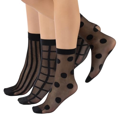 CALZITALY 3 Pairs Women Pop Socks Sheer Everyday Ankle Socks in 3 Different Designs: Dots Stripes and Geometric (One Size Black)
