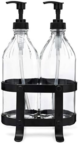 Rail19 Vintage Clear Kitchen Dish + Hand Soap Dispenser Set with Black Metal Stand - Perfect for Kitchen Sink, 16oz
