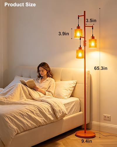 Image of Lightdot 67 inch 3-Light Glass Floor Lamp for Living Room, Dimmable with Orange Glass Shade & E12 Bulbs Included, Mid Century Standing Tall Lamp with 5Lbs Heavy Base for Bedroom /Sofa Beside /Corner