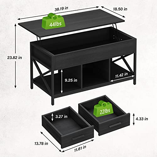 Rxicdeo Lift Top Coffee Table With 2 Drawers And Open Side Shelf, Center Table With Rising Tabletop, Hidden Compartment, Small Wood Coffee Table For Living Room, Homeoffice, Black #TOP2