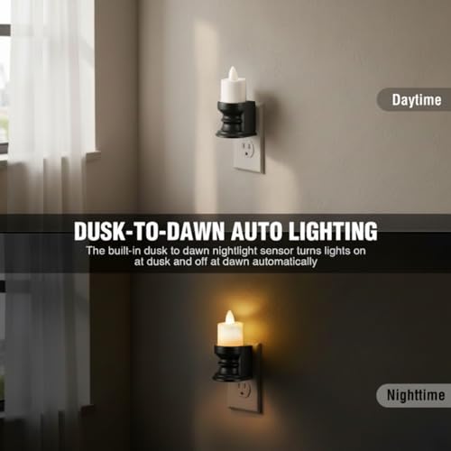Image of Meonum Flickering Flameless Candle Night Light Plug in, Dimmable LED Nightlight with Dusk to Dawn Sensor, Decorative Candle Light for Bedroom, Hallway, Bathroom(1 Pcs,Warm Yellow & Black Base)