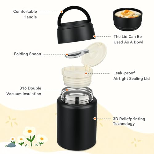 Image of Insulated Food Jar with Folding Spoon | 304 Stainless Steel Lunch Pot, Leak Resistant Wide Mouth Thermos for Hot & Cold Food | Soup Container for Office Travel (550ml, Black)