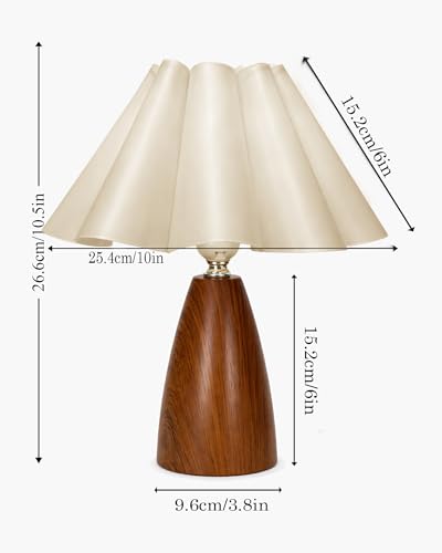 Image of Homesake Wood Grain Pattern Small Table Lamp, Desk Light, Wooden Bedroom Lamps for Nightstand, Scalloped Lamp Shade Table Lamps Small Spaces, Bedroom, Living Room, Taper Cone, (Flower Ribbon)