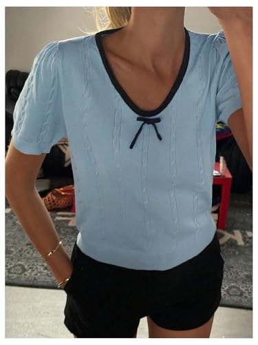 SOLY HUX Women's Short Sleeve Sweater Bow V Neck Knit Summer Casual Going Out Tops3