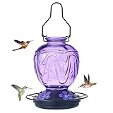 Glass Hummingbird Feeder for Outdoors Hanging,24Ozs Humming Bird Nectar Feeder w/Perch,5 Flower Feeding Ports,Leak Proof Base and Hook for Outside Garden Backyard Decor, Gifts for Women Mom,Purple