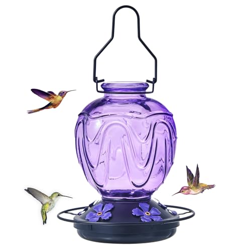 Glass Hummingbird Feeder for Outdoors Hanging,24Ozs Humming Bird Nectar Feeder w/Perch,5 Flower Feeding Ports,Leak Proof Base and Hook for Outside Garden Backyard Decor, Gifts for Women Mom,Purple
