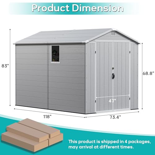 Image of Greesum 6x10FT Plastic Outdoor Storage Shed with Floor, Resin Storaged Sheds with Lockable Double Door, Windows & Vents, All-Weather Tool Sheds for Garden, Patio, Backyard, Light Gray