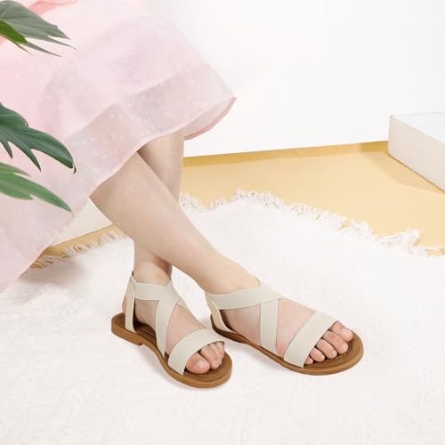 Image of PANDANINJIA Girls Sandals Slip-on Elastic Ankle Cross Strappy Gladiator Dress Sandals Flats Summer Shoes Little Big Kids Sandals