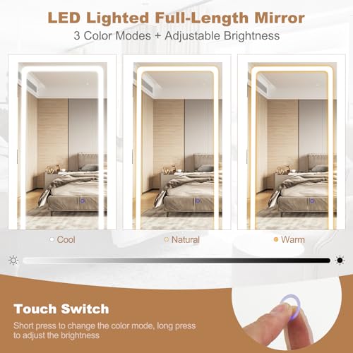 COSTWAY 360° Swivel Jewellery Cabinet with 3-Color LED Full Length Mirror, Lighted Makeup Mirror and Large Storage, Lockable Jewelry Armoire, Freestanding Jewellery Organiser Unit Gift (Rustic Brown)