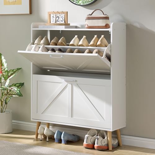 LEYAOYAO Shoe Storage Cabinet with 2 Flip Drawers，Narrow Shoe Storage